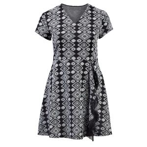 Every Body Every Wear Black & White Plus Fringe Detail Geo Print Dress Size 1X